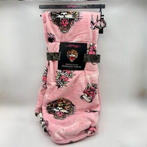 Ed Hardy Printed Plush Oversized Throw Blanket Pink Tiger Skull Roses NWT